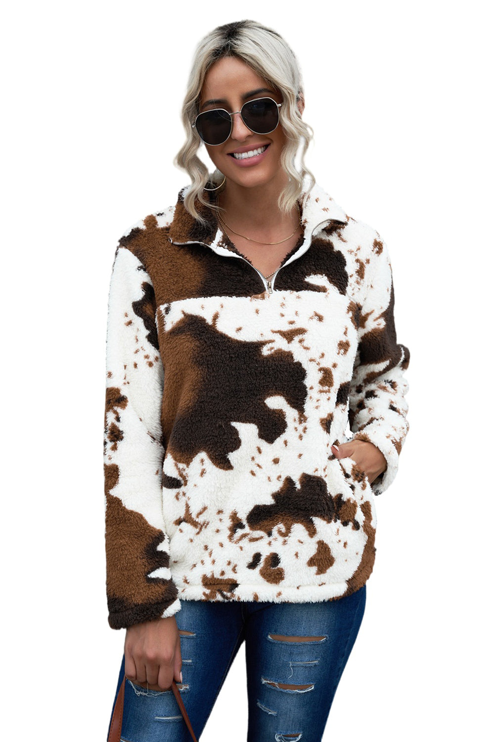 White Animal Print Zipper Collared Pocketed Sweatshirt