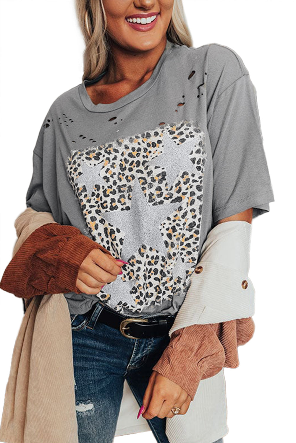 Medium Grey Stars Leopard Graphic Ripped Distressed Tee