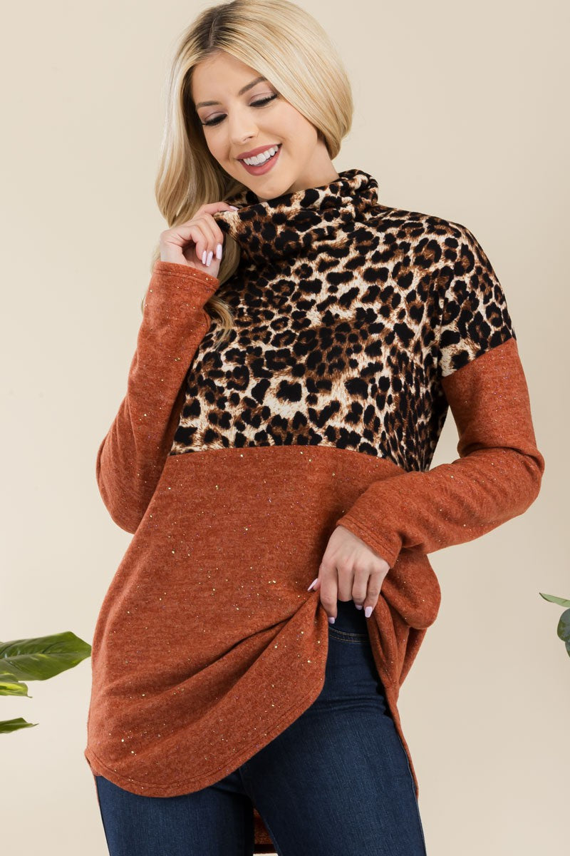 Celeste Full Size Curved Hem Leopard Turtleneck Long Sleeve Blouse-True and Wild