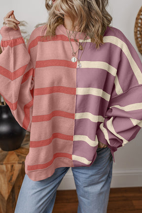 Light Beige Striped Colorblock Drop Shoulder Sweater-True and Wild