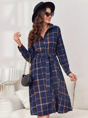 Plaid Tie Waist Long Sleeve Dress-True and Wild