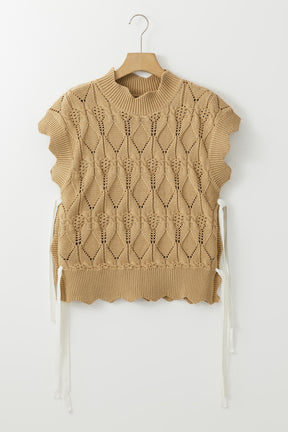 Light French Beige Hollowed Knit Scalloped Trim High Neck Sweater-True and Wild