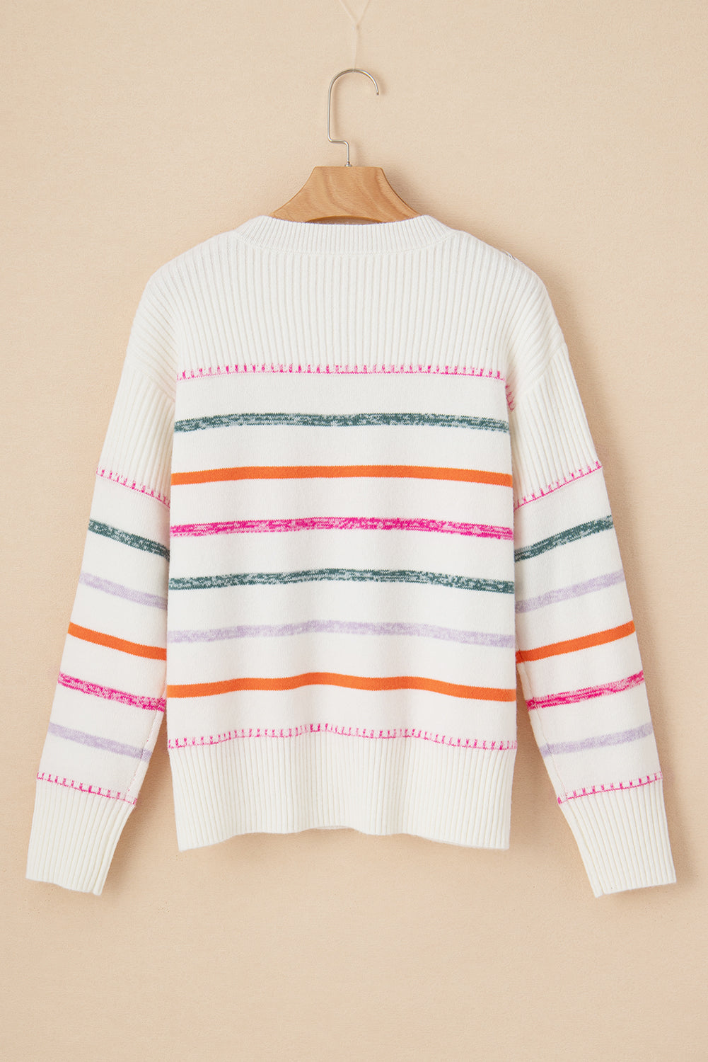 Black Colorful Striped Ribbed Trim Round Neck Sweater-True and Wild