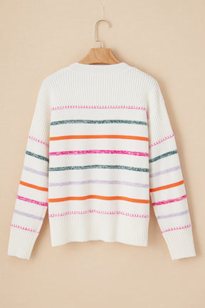 Black Colorful Striped Ribbed Trim Round Neck Sweater-True and Wild