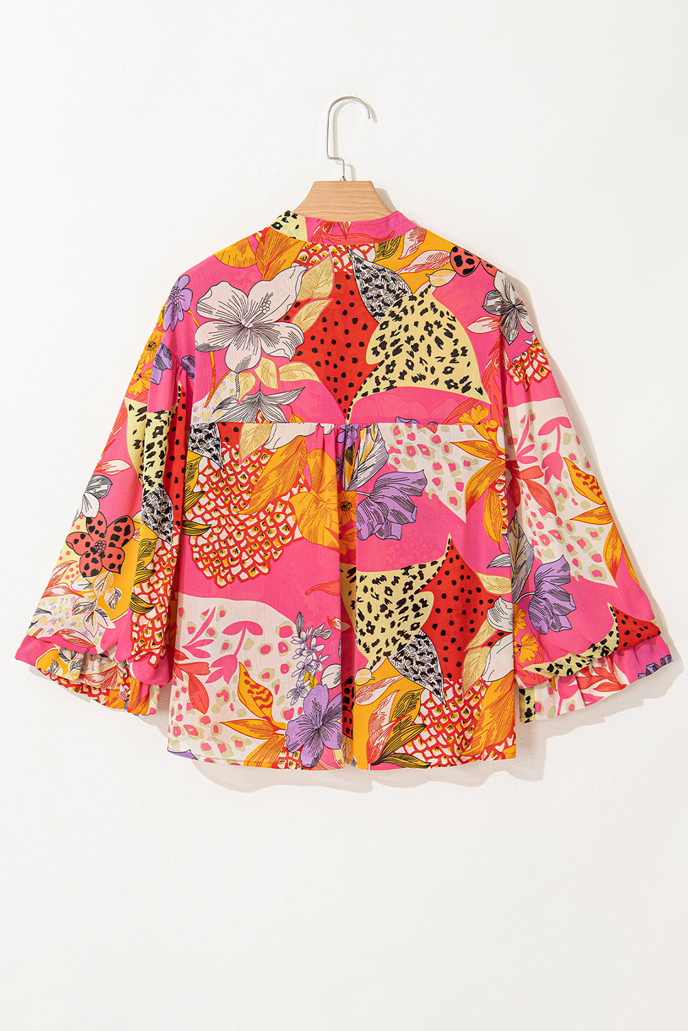 Red Abstract Floral Print Buttoned Ruffle Bubble Sleeve Shirt-True and Wild