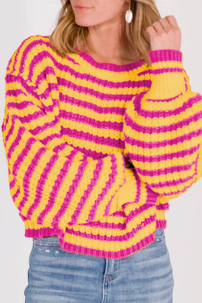 Orange Striped Bubble Sleeve Loose Sweater-True and Wild