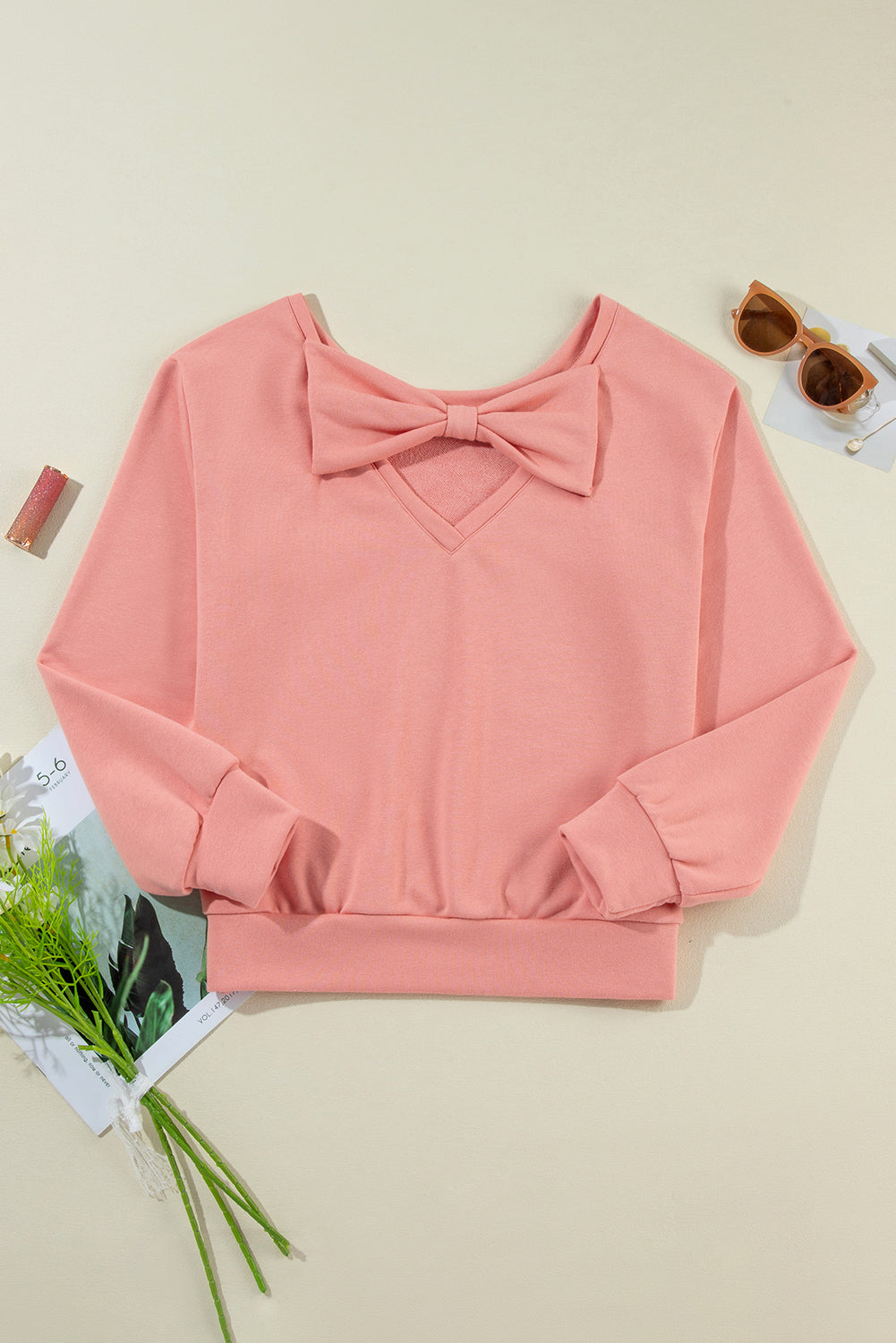 Apricot Bowknot Plain Round Neck Sweatshirt-True and Wild