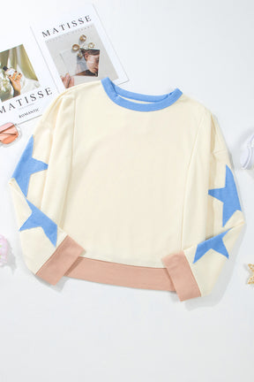 Parchment Star Patchwork Exposed Seam Oversized Sweatshirt-True and Wild