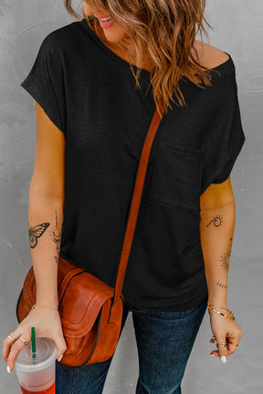 Black Short Sleeve Basic T Shirt with Patch Pocket-True and Wild