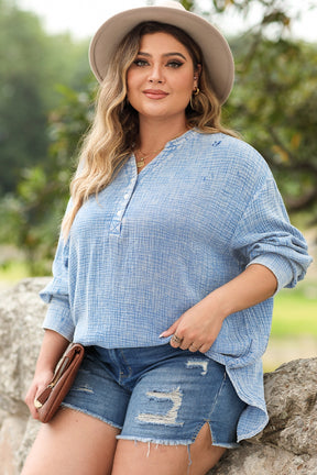 Plus Size Half Button Long Sleeve Blouse-True and Wild