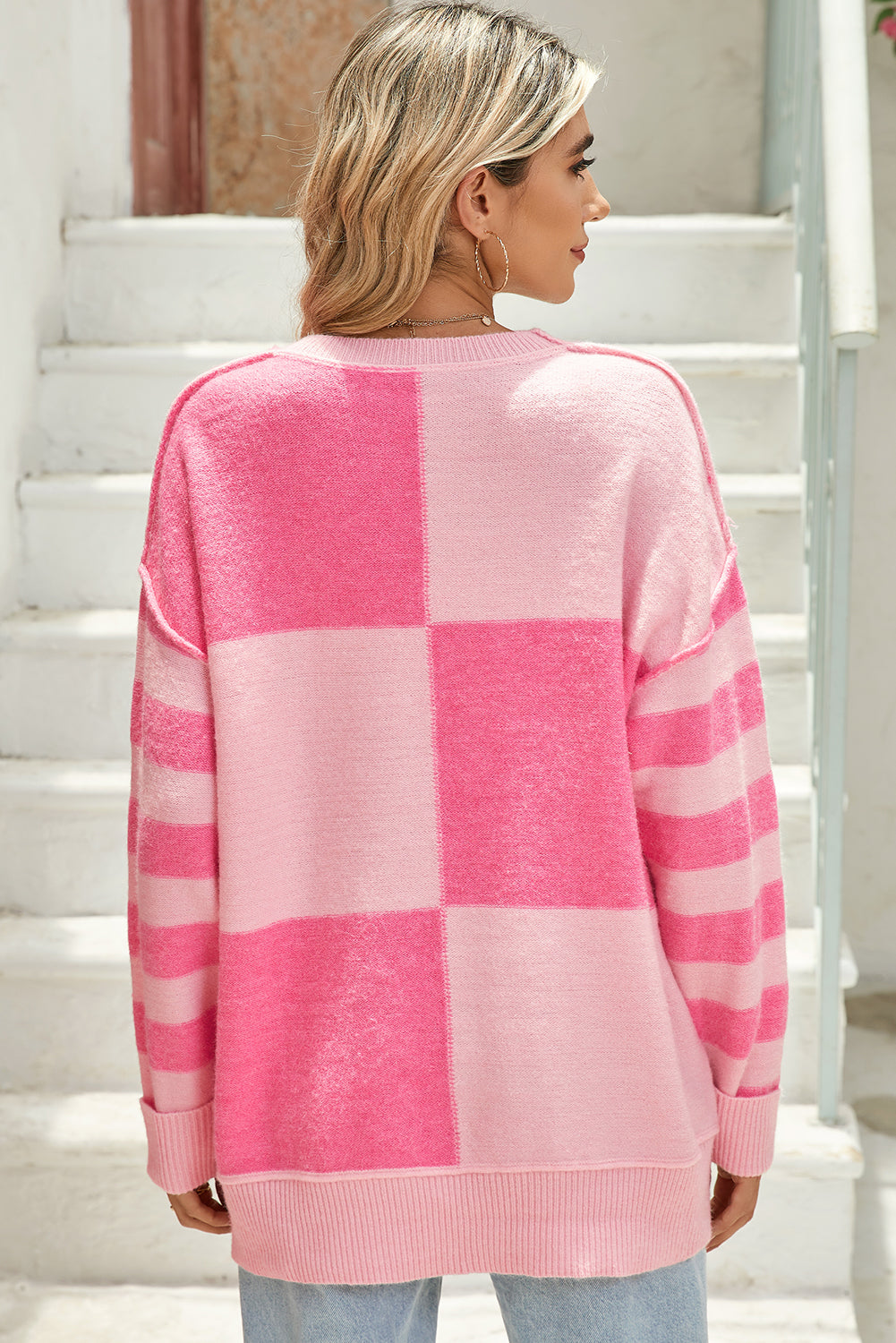 Pink Checkered Color Block Striped High Low Sweater-True and Wild