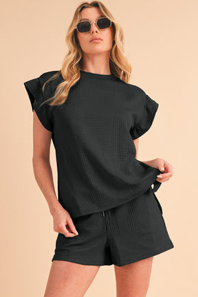 Black Textured Ruffle Split Top And Drawstring Shorts Set-True and Wild