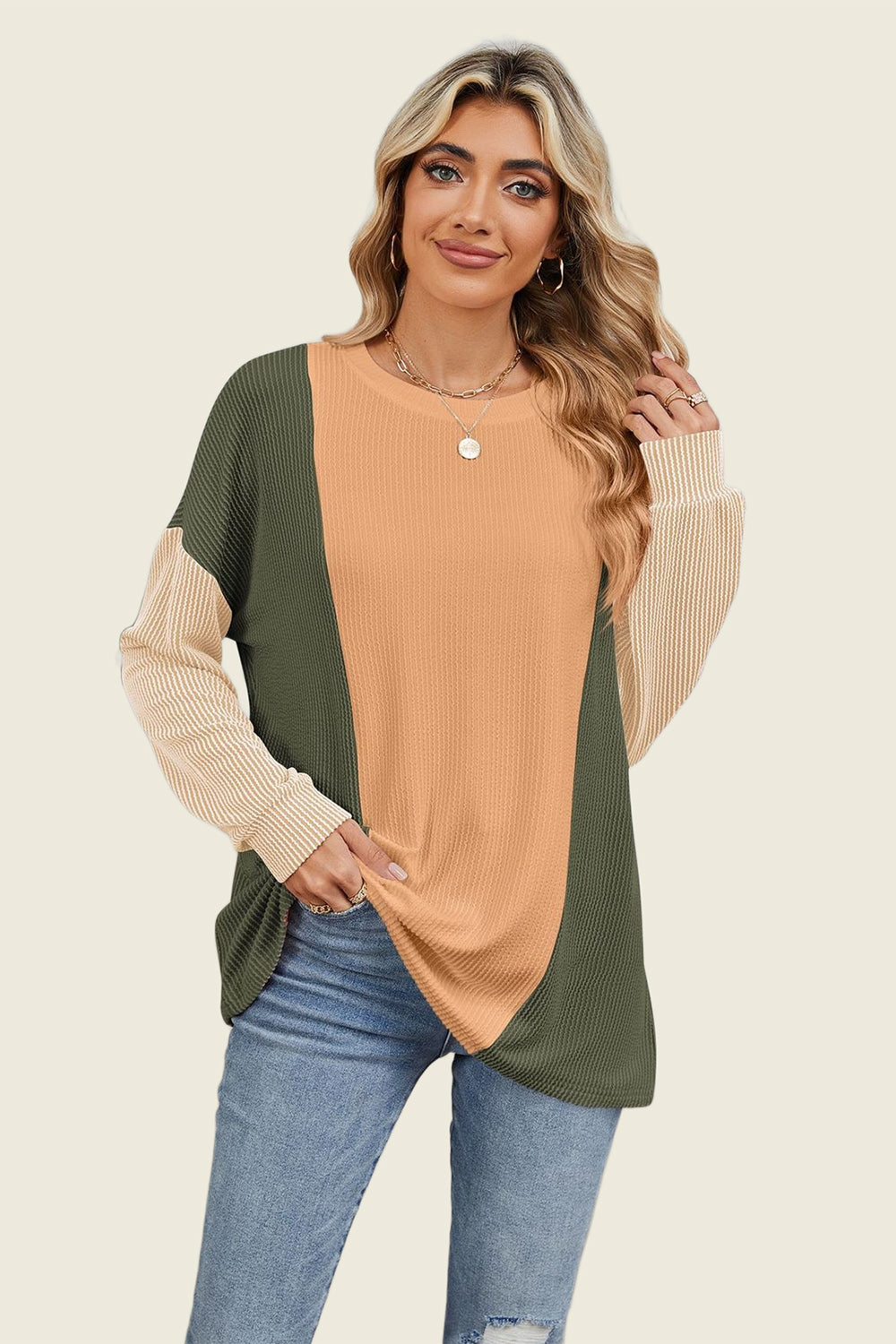 Double Take Texture Contrast Round Neck Long Sleeve T-Shirt-True and Wild