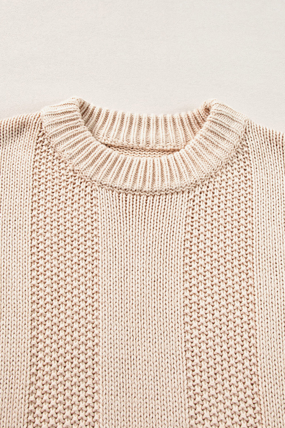 Pale Khaki Solid Color Ribbed Knit Round Neck Sweater-True and Wild