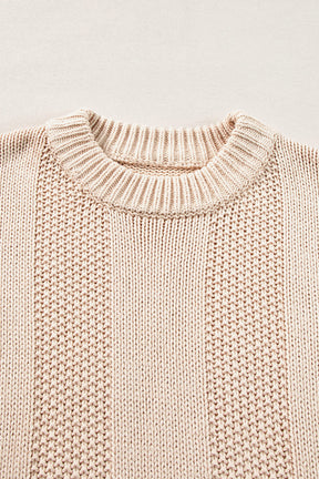 Pale Khaki Solid Color Ribbed Knit Round Neck Sweater-True and Wild