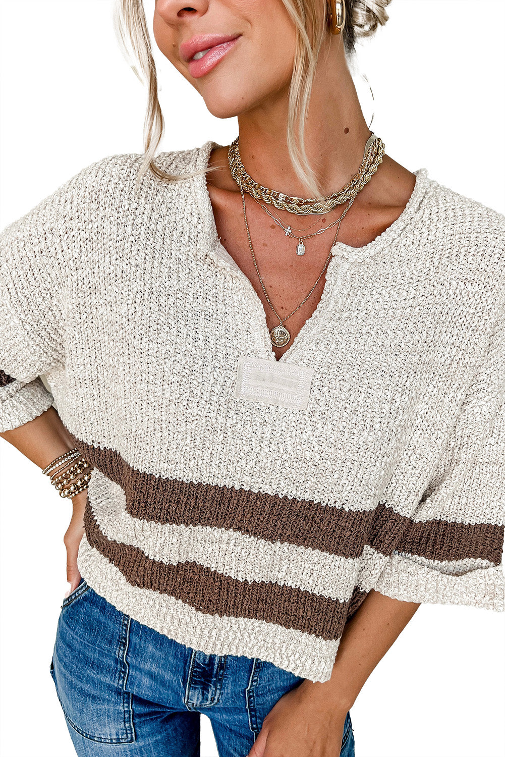 Brown Stripe Cropped Drop Sleeve Sweater-True and Wild