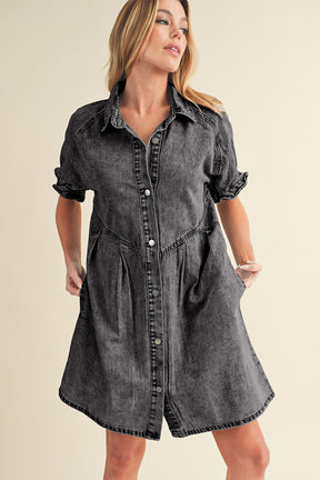 Blue Mineral Washed Ruffled Short Sleeve Pocketed Denim Dress-True and Wild