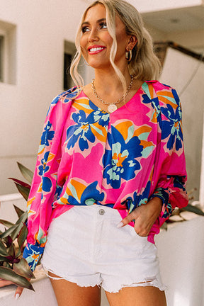 Rose Floral Print V Neck Puff Sleeve Blouse-True and Wild