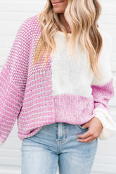 Pink Colorblock Tie Back Drop Shoulder Knit Sweater-True and Wild