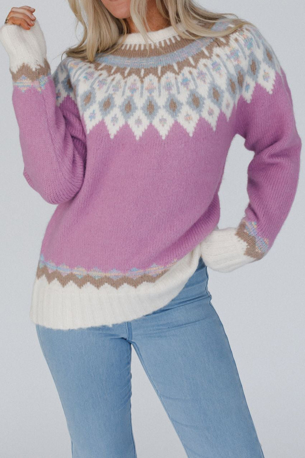 Geometric Round Neck Long Sleeve Sweater-True and Wild