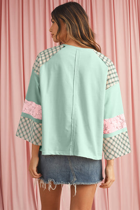 Aqua Plaid Floral Patchwork Heart Long Sleeve Top-True and Wild