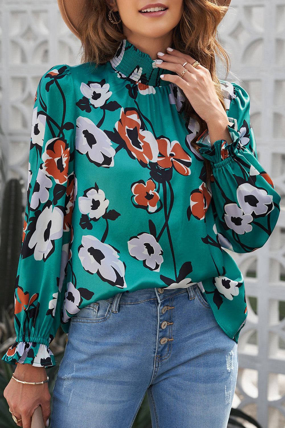 Green Mock Neck Top Floral Print Long Sleeve Silk Blouse-True and Wild