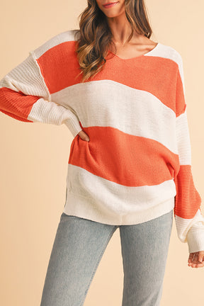 Orange Colorblock V Neck Side Slits Sweater-True and Wild