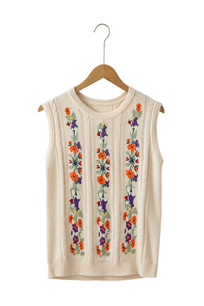 Jet Stream Embroidered Floral Cable Knit Vest Top-True and Wild