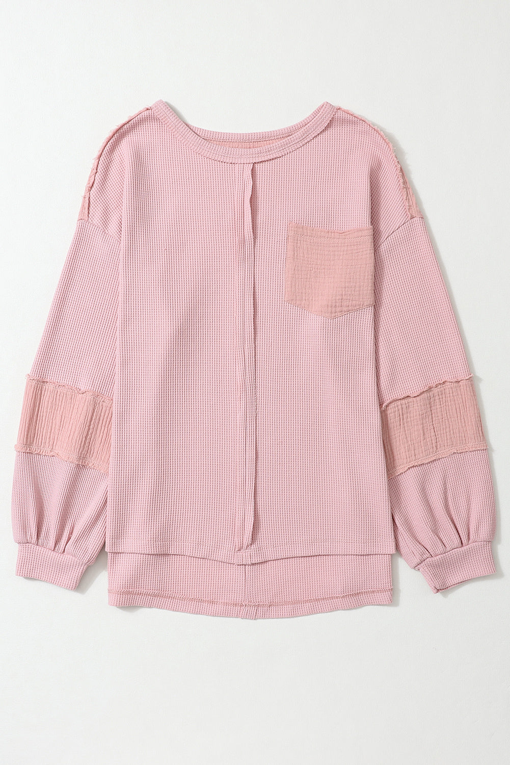 Pink Waffle and Crinkle Patchwork Long Sleeve Top-True and Wild