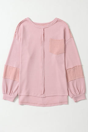 Pink Waffle and Crinkle Patchwork Long Sleeve Top-True and Wild