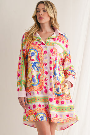 Multicolour Abstract Print Button Long Sleeve Shirt Dress-True and Wild