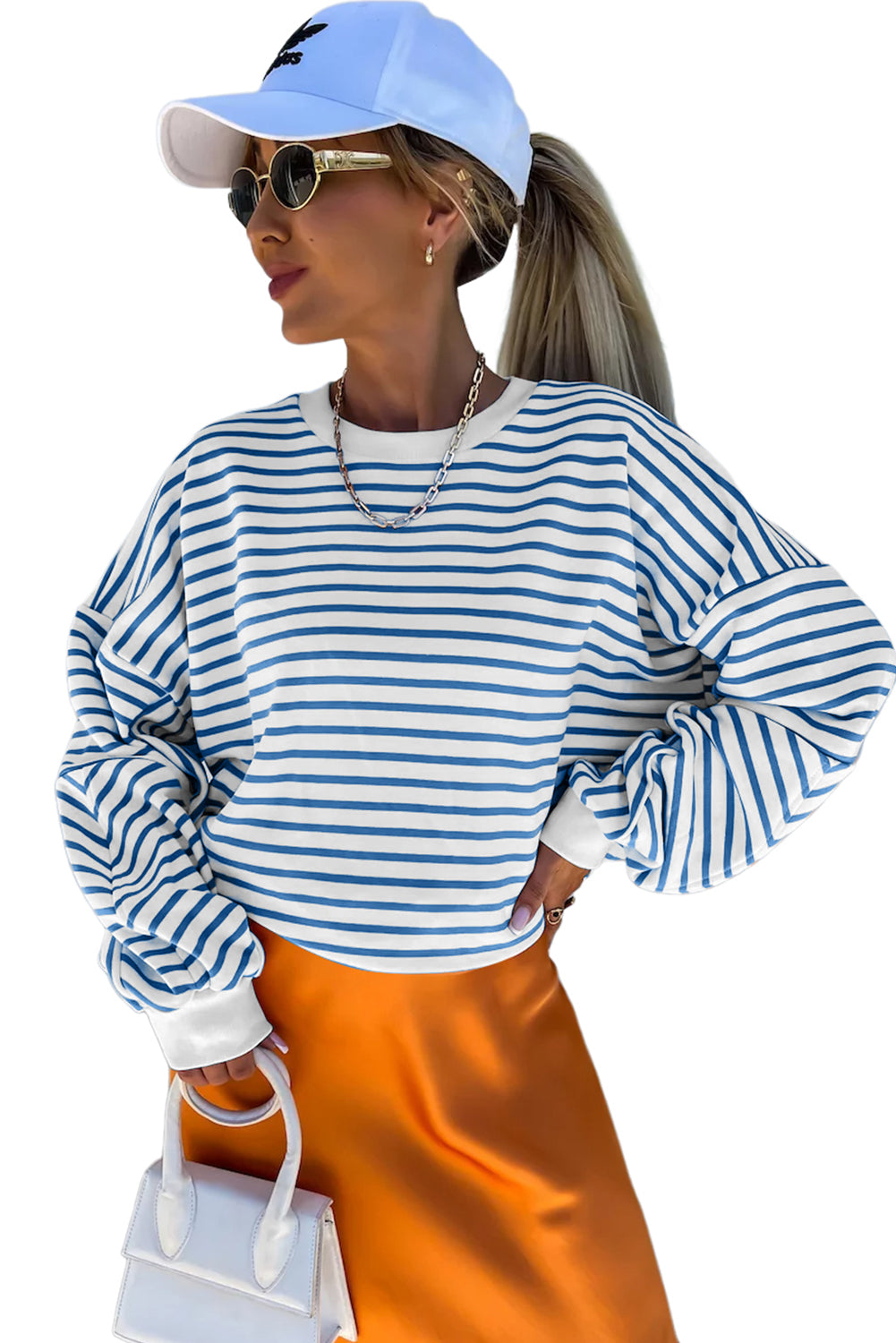 Blue Stripe Drop Shoulder Crew Neck Loose Sweatshirt-True and Wild