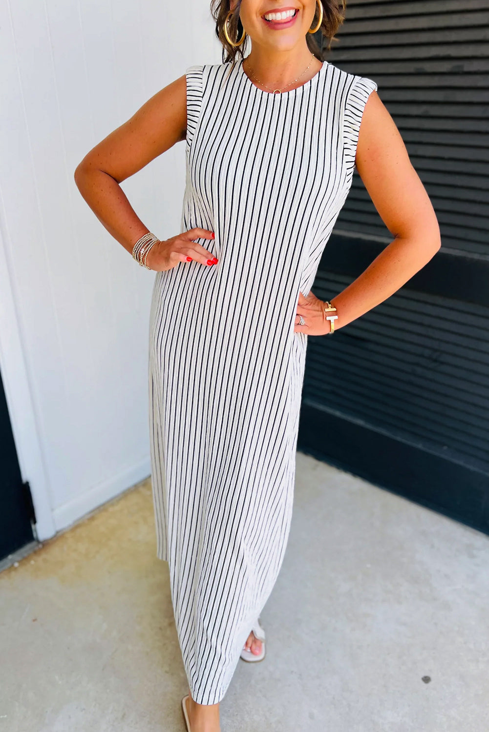 Black White Striped Round Neck Maxi Vest Dress-True and Wild