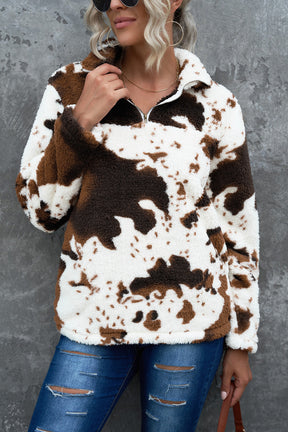 White Animal Print Zipper Collared Pocketed Sweatshirt