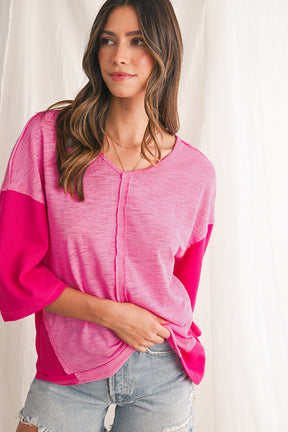 Sachet Pink V-Neck Exposed Seam Patchwork Top