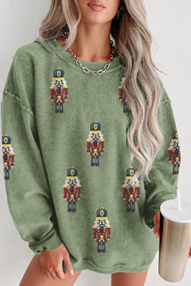 Grass Green Christmas Nutcracker Graphic Corded Pullover Sweatshirt-True and Wild