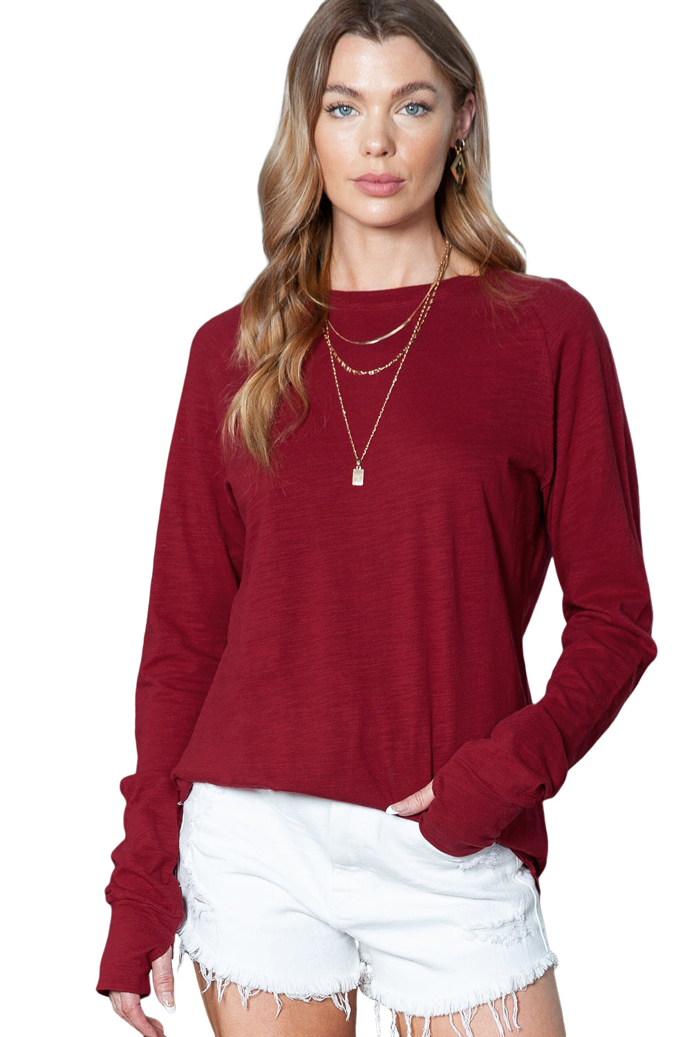 Green Plain Solid Casual Thumbhole Long Sleeve Top-True and Wild