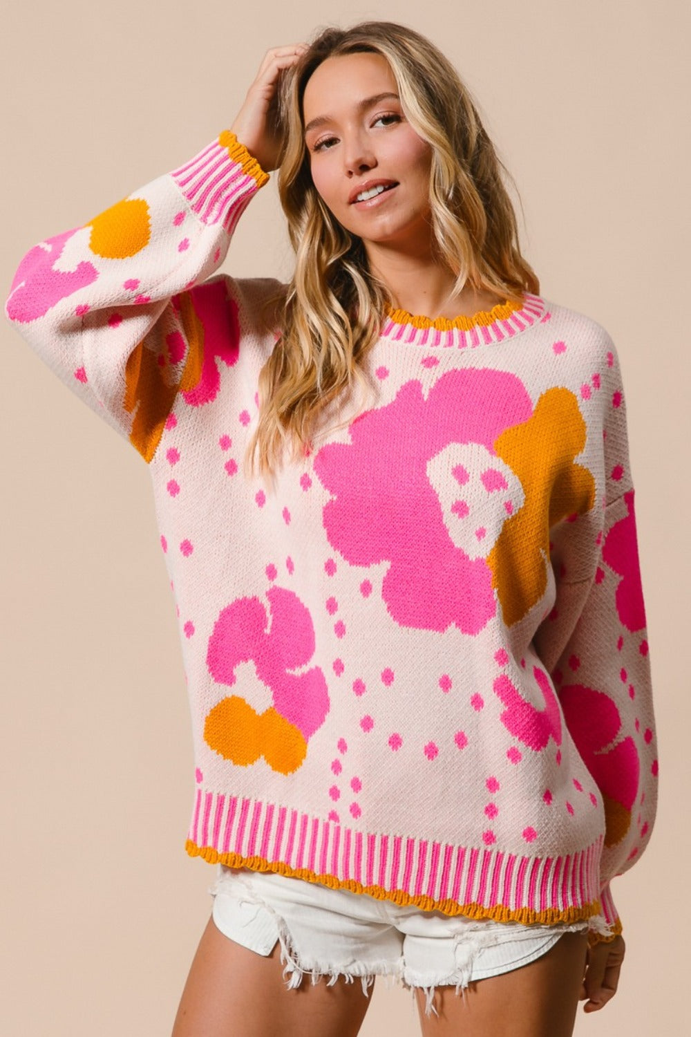 BiBi Flower Pattern Contrast Sweater-True and Wild