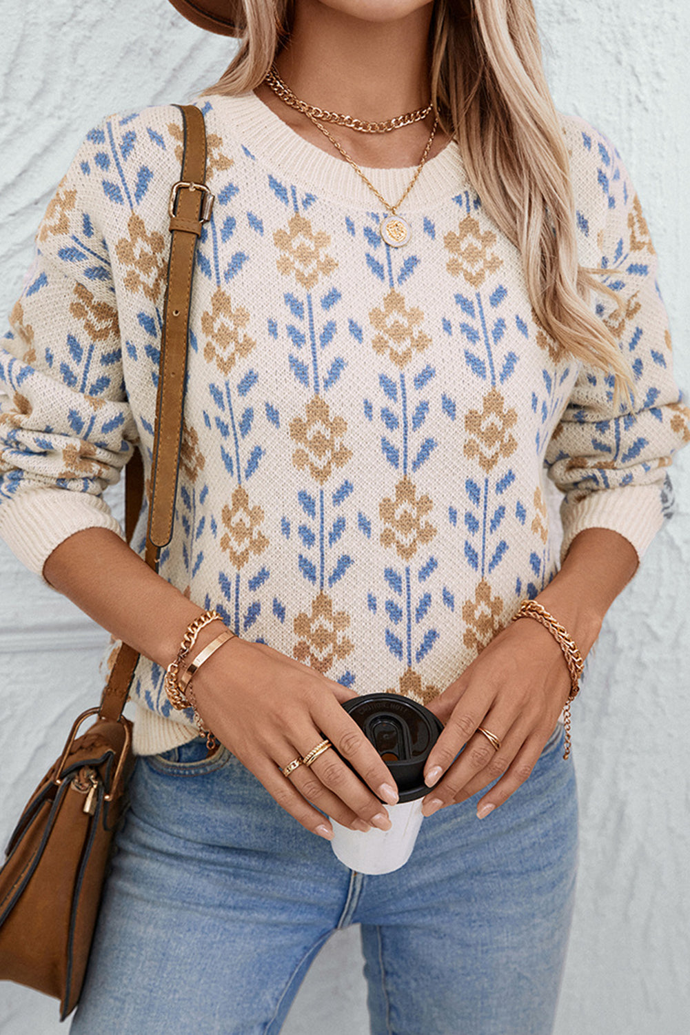 Sweaters - Apricot Floral Pattern Crew Neck Sweater