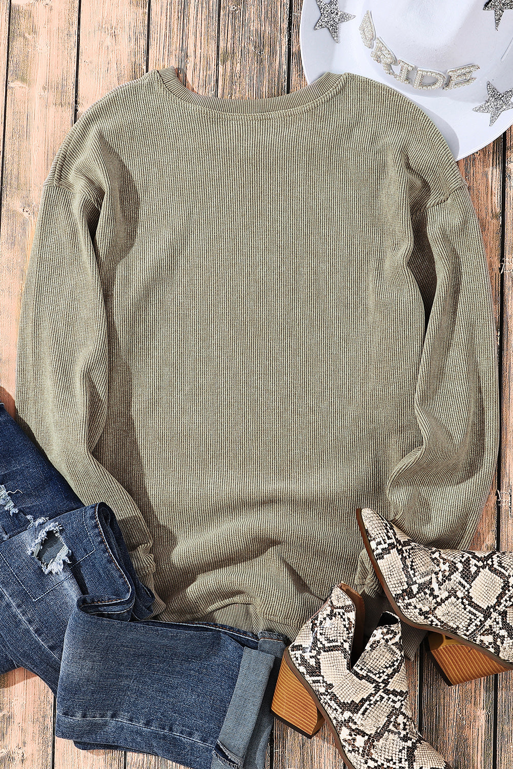 Pink Solid Ribbed Round Neck Pullover Sweatshirt-True and Wild