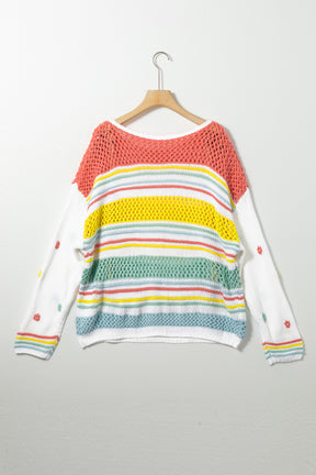 Hollow Striped Color Block Round Neck Sweater-True and Wild