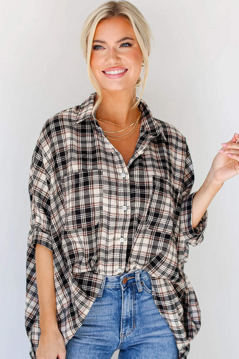 Black Plaid Batwing Sleeve Button Up Shirt-True and Wild