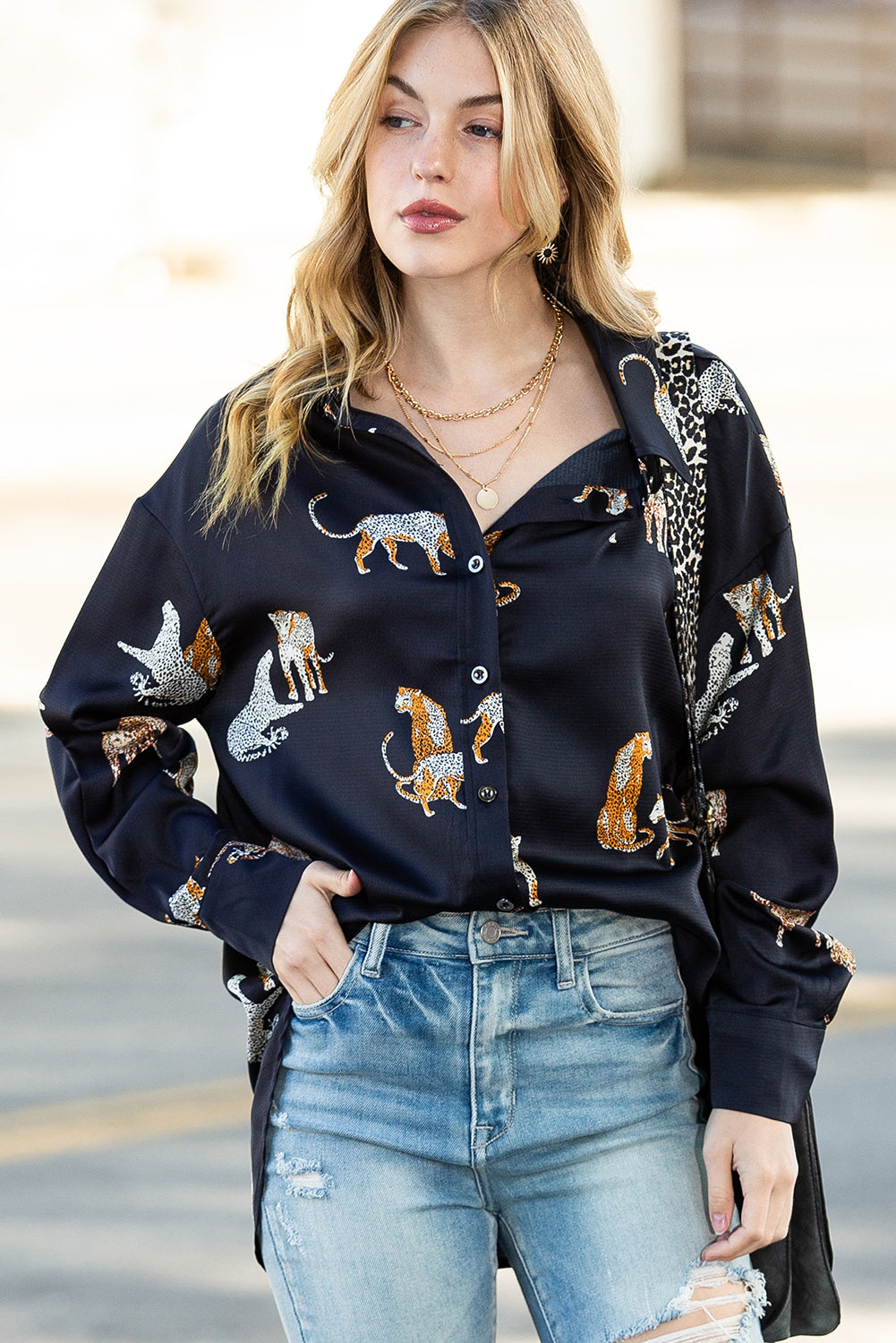 Black Animal Print Button Up Satin Shirt-True and Wild