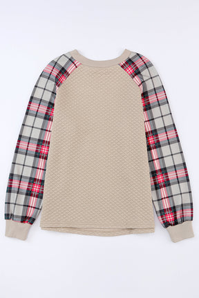 Brown Plaid Print Waffle Quilted Raglan Sleeve Sweatshirt-True and Wild