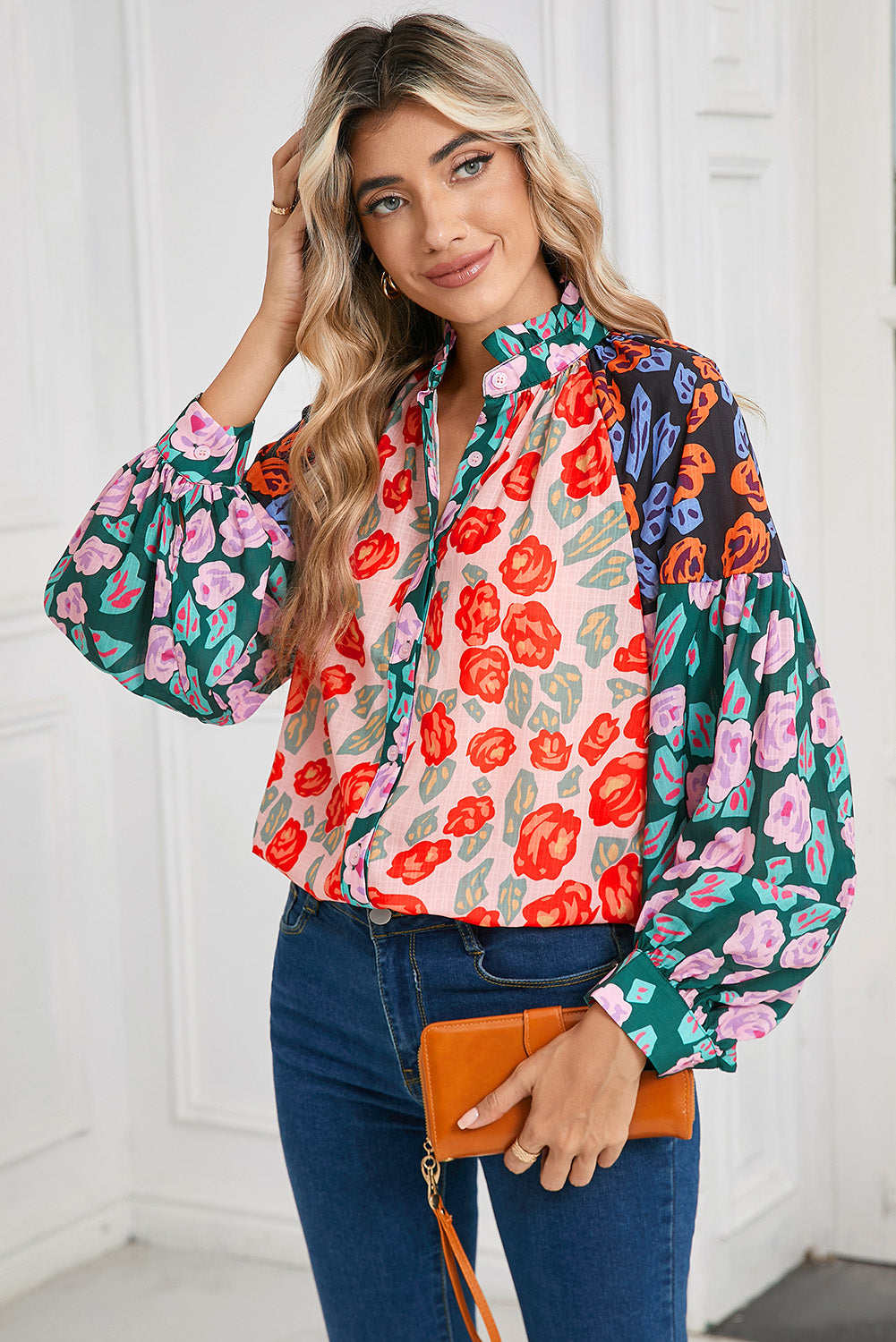 Red Colorblock Floral Print Puff Sleeve Shirt-True and Wild