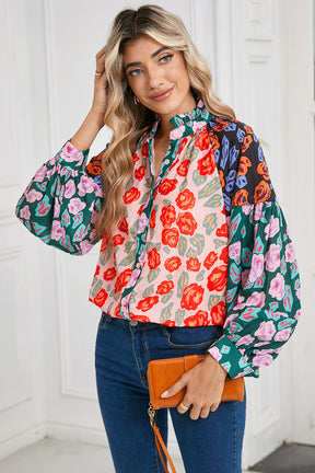 Red Colorblock Floral Print Puff Sleeve Shirt-True and Wild