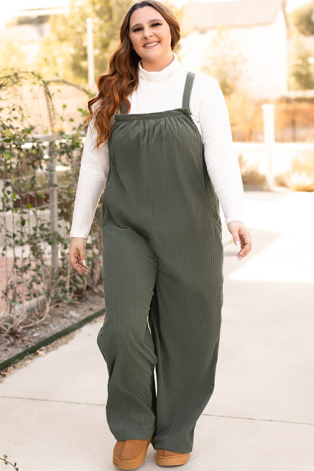 Jungle Green Plus Size Side Pockets Corduroy Overall-True and Wild