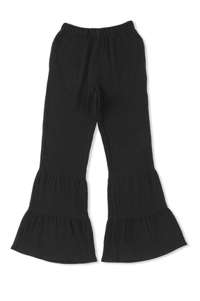 Black Plain Cotton Tiered Ruffle Flare High Waisted Pants-True and Wild