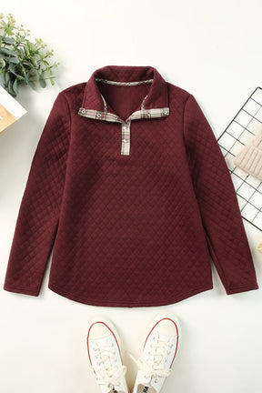 Red Plaid Geometric Texture Trim Button Neck Sweatshirt-True and Wild