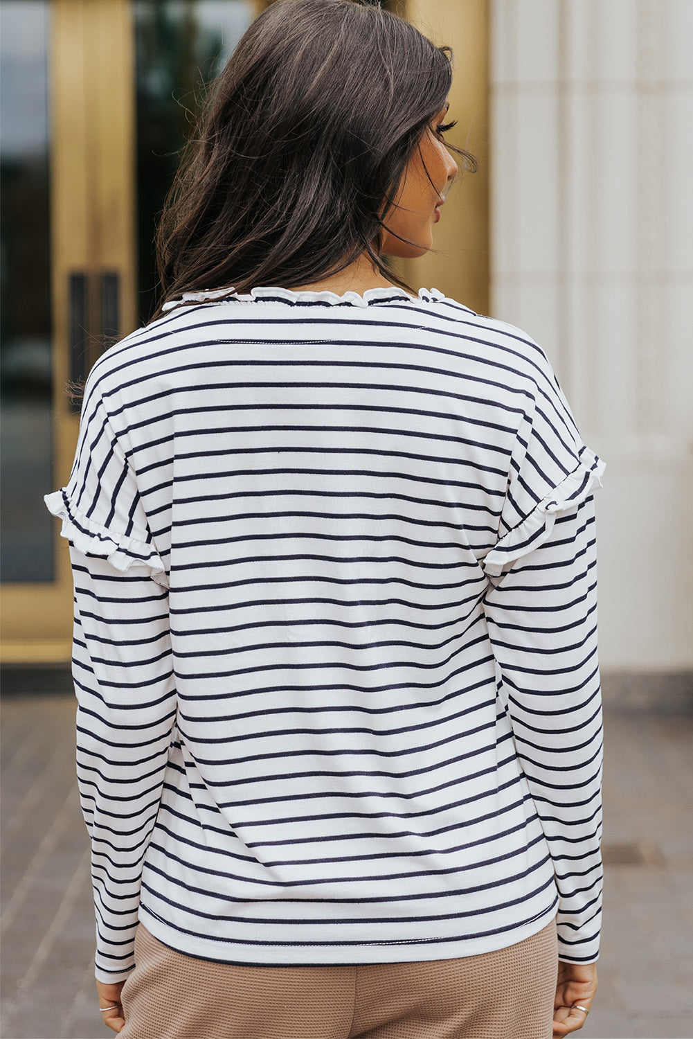 White Striped Snap Button Ruffle Trim Long Sleeve Top